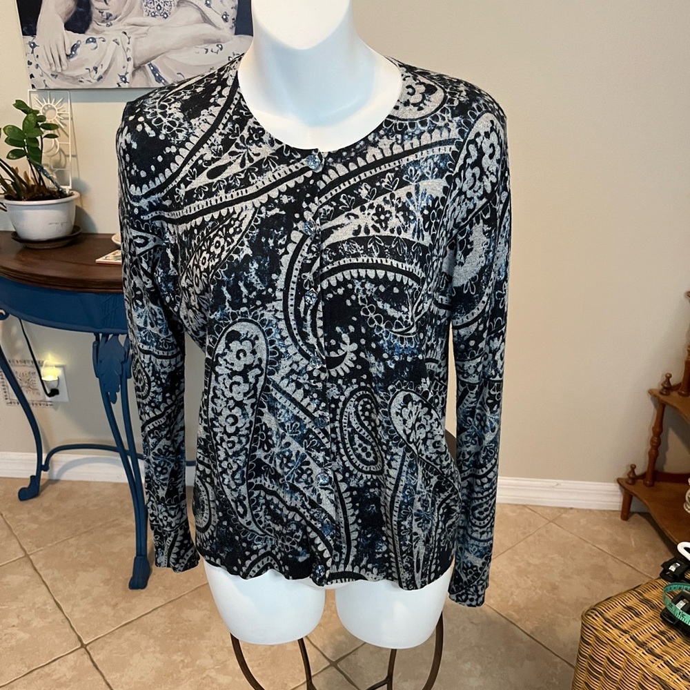 August Silk Paisley Navy Blue & Gray Cardigan Button Down Sweater Top - S